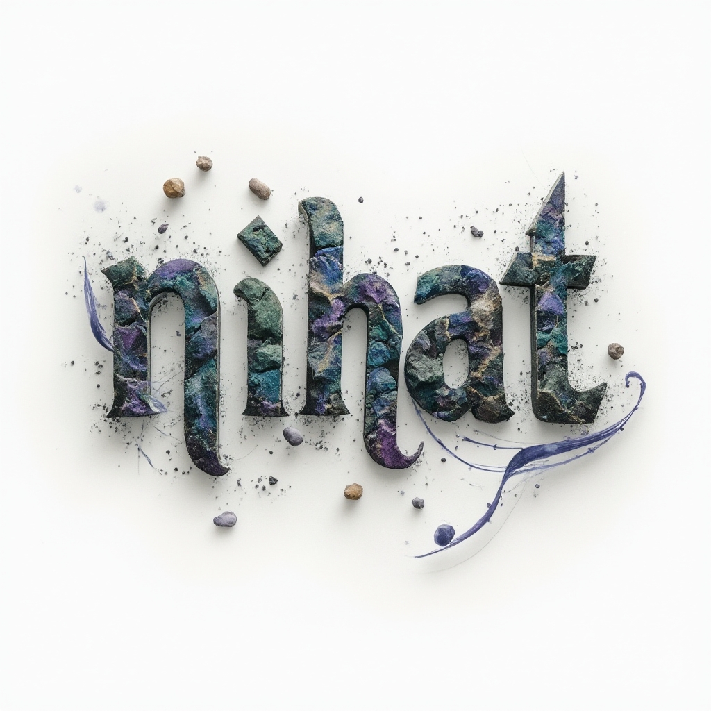Surreal dreamscape tattoo design where the name nihat becomes floating, abstract stone and metallic forms on a white background.