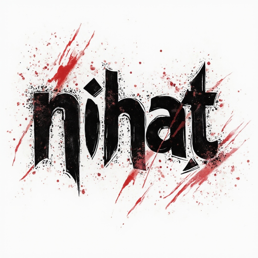Trash Polka style tattoo design of the name nihat with bold black strokes, red splashes, and grunge textures on a white background.