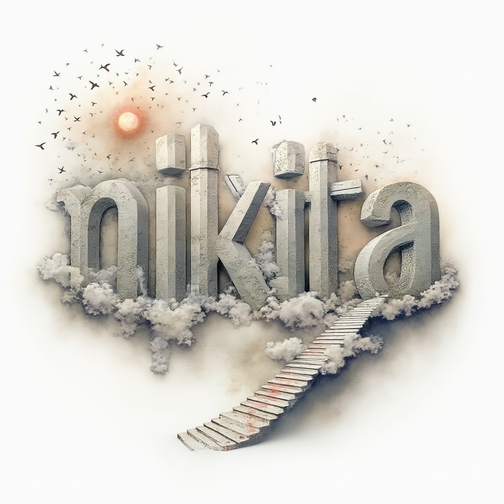 Surreal dreamscape tattoo concept where the name nikita is built from impossible stairways, arches, and clouds on a white background.