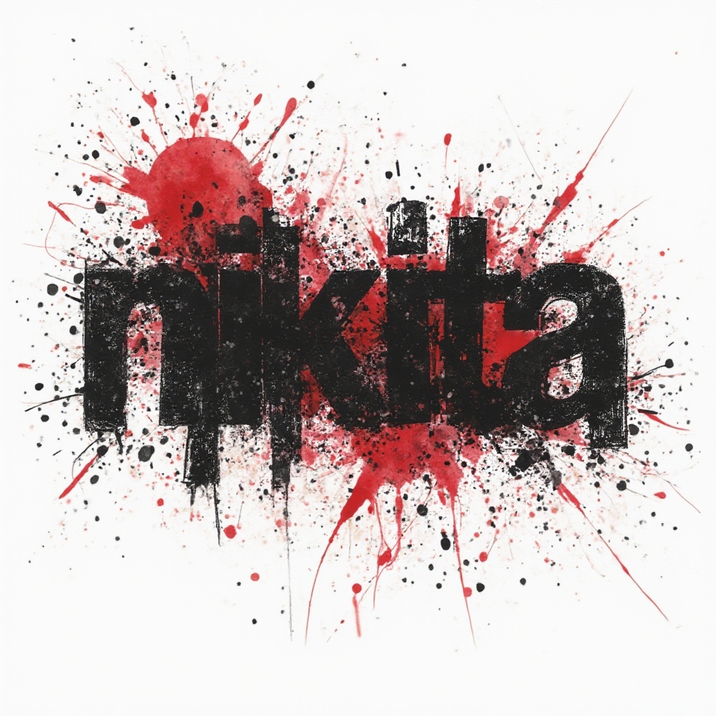 Bold black and red Trash Polka-style tattoo concept featuring the name nikita in distressed lettering on a white background.