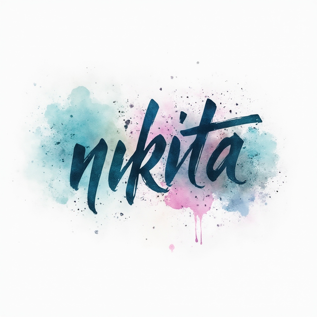 Watercolor-style tattoo concept with the name nikita formed by colorful flowing brushstroke letters on a white background.