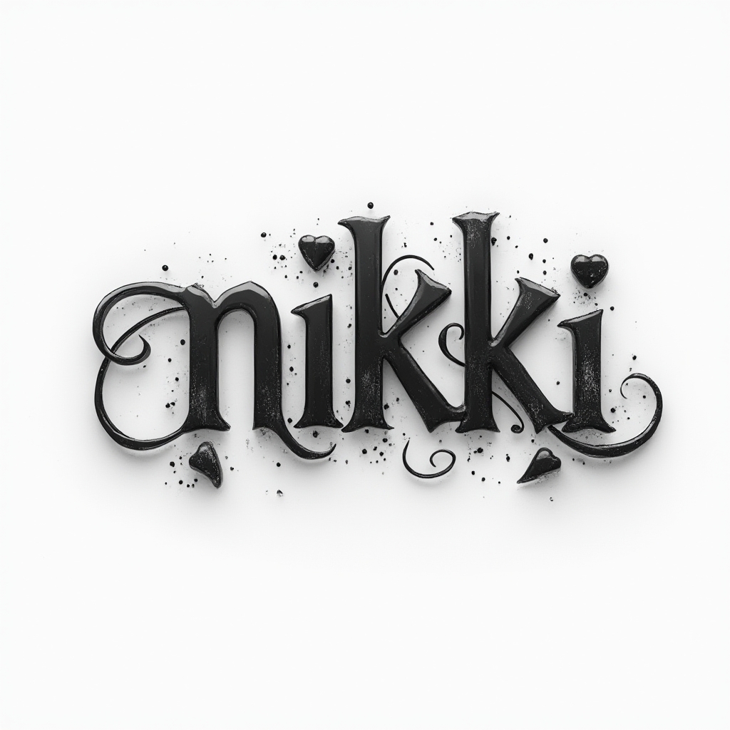 Dimensional black-and-gray tattoo concept of the name nikki as floating 3D letters on a white background.