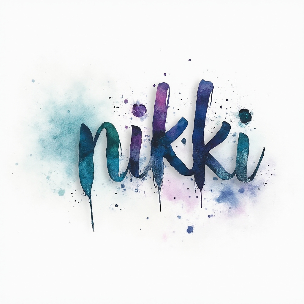 Watercolor-style tattoo concept of the name nikki as fluid, colorful calligraphy on a white background.