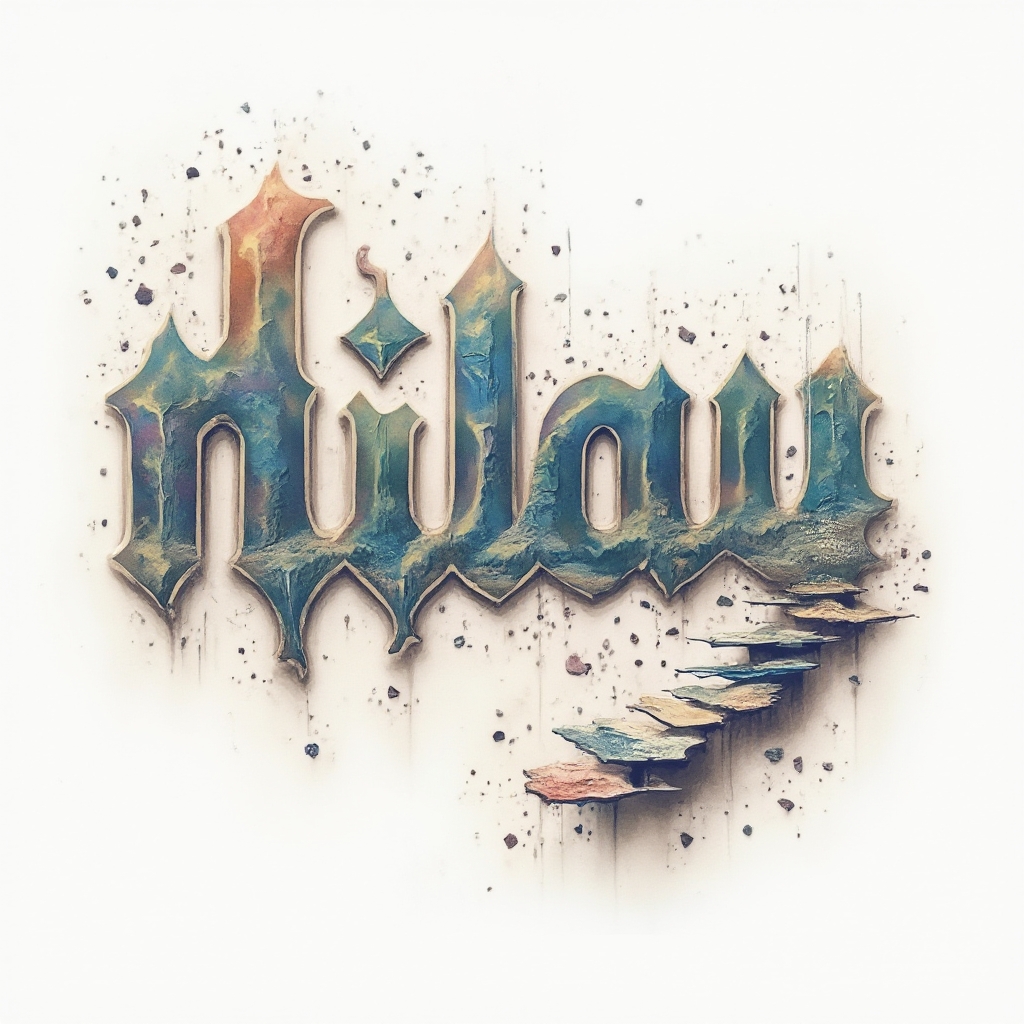 Surreal tattoo concept of the name nilay built from impossible, melting abstract structures on a white background.