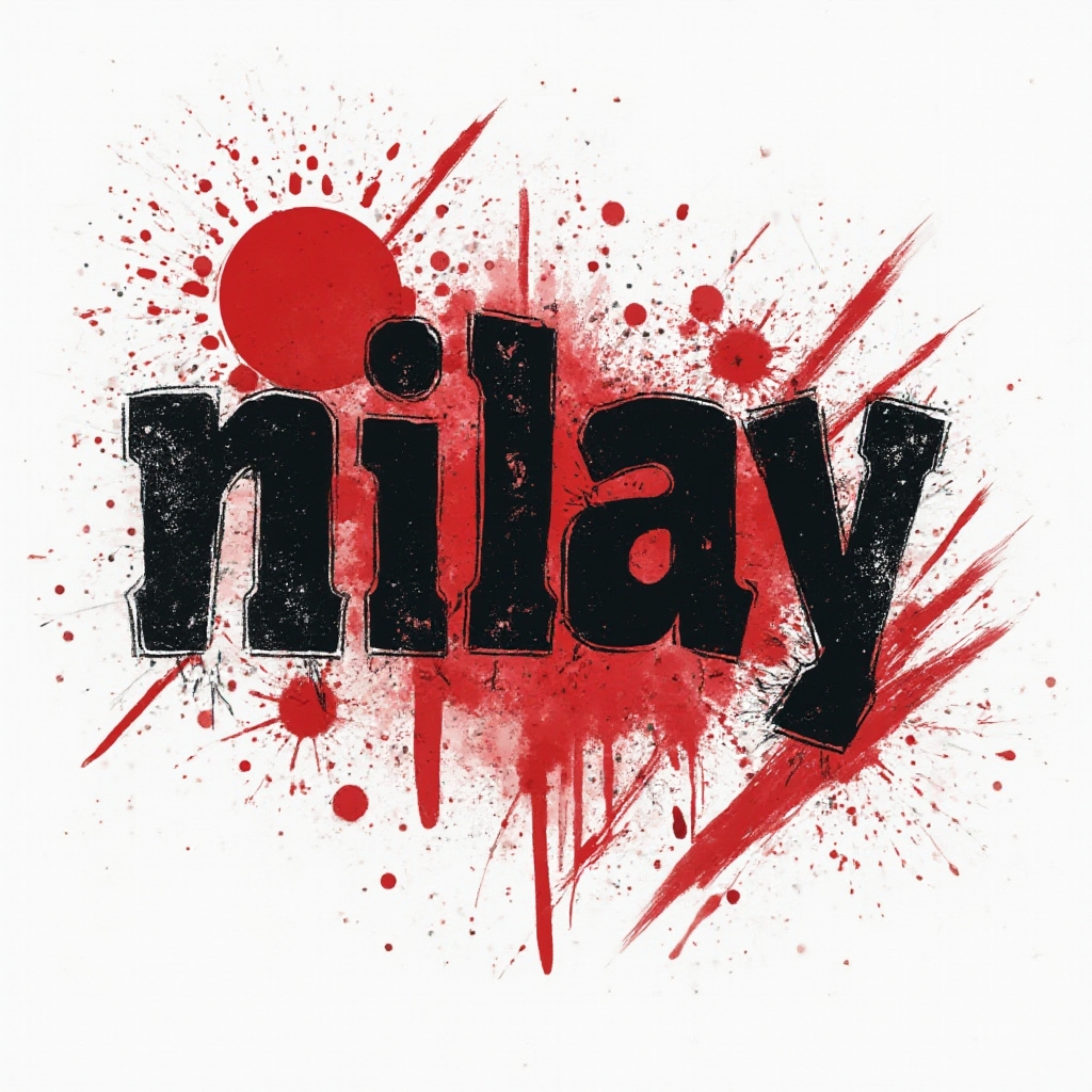 Trash Polka tattoo design of the name nilay with bold black strokes and red splashes on a white background.