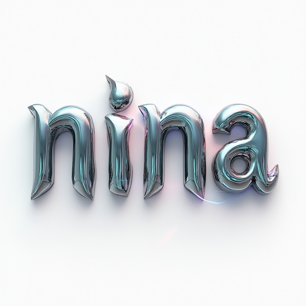 Futuristic tattoo concept where the name nina is sculpted from reflective chrome-like 3D letters on a white background.
