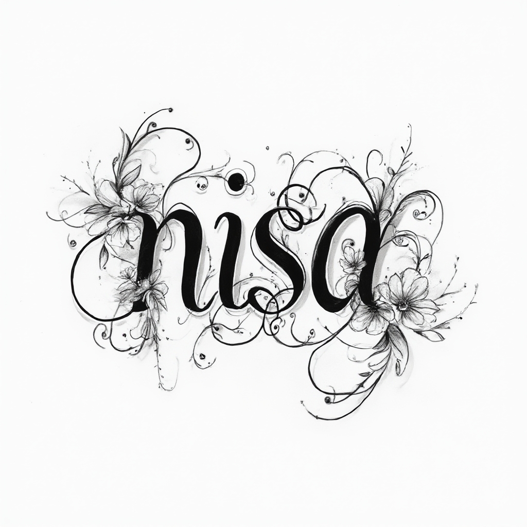 Abstract ornamental tattoo design where the name nisa is formed by flowing intertwined lines and dot accents on a white background.