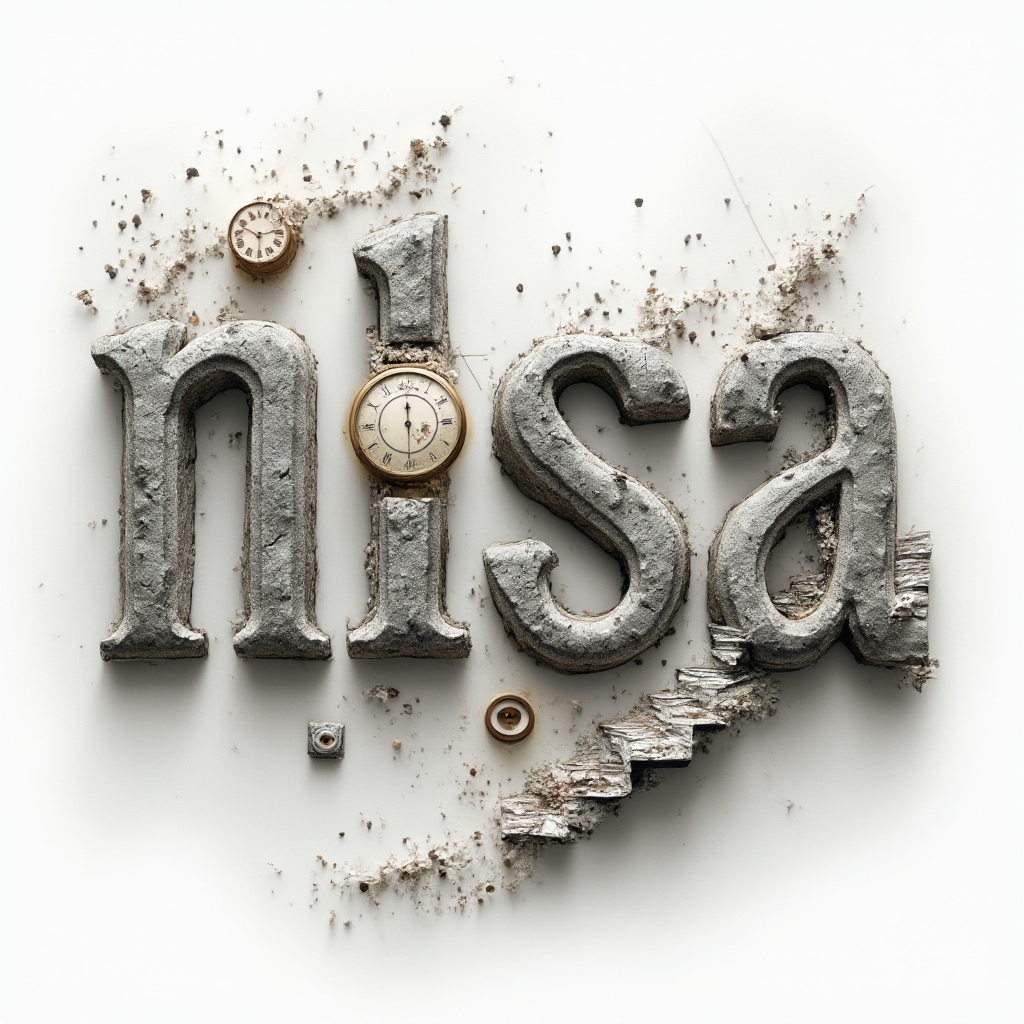 Surreal tattoo concept where the name nisa becomes impossible 3D forms with floating shapes and dreamlike details on a white background.