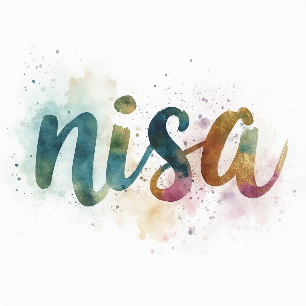 Watercolor tattoo concept where the name nisa is formed by flowing brushstroke letters that dissolve into colorful splashes on a white background.