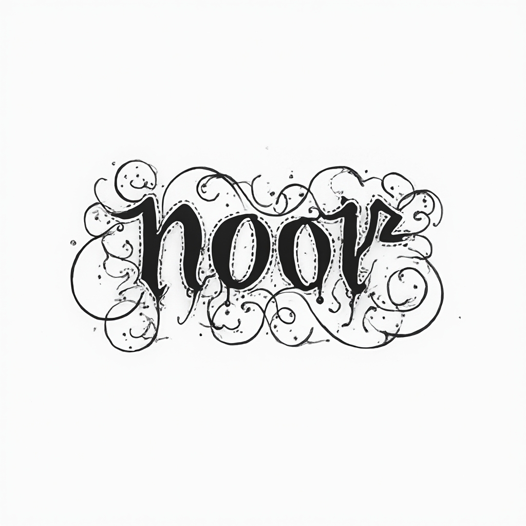 Minimal, ornamental tattoo design where the name noor is drawn as a single flowing line with elegant curls and dotwork on a white background.