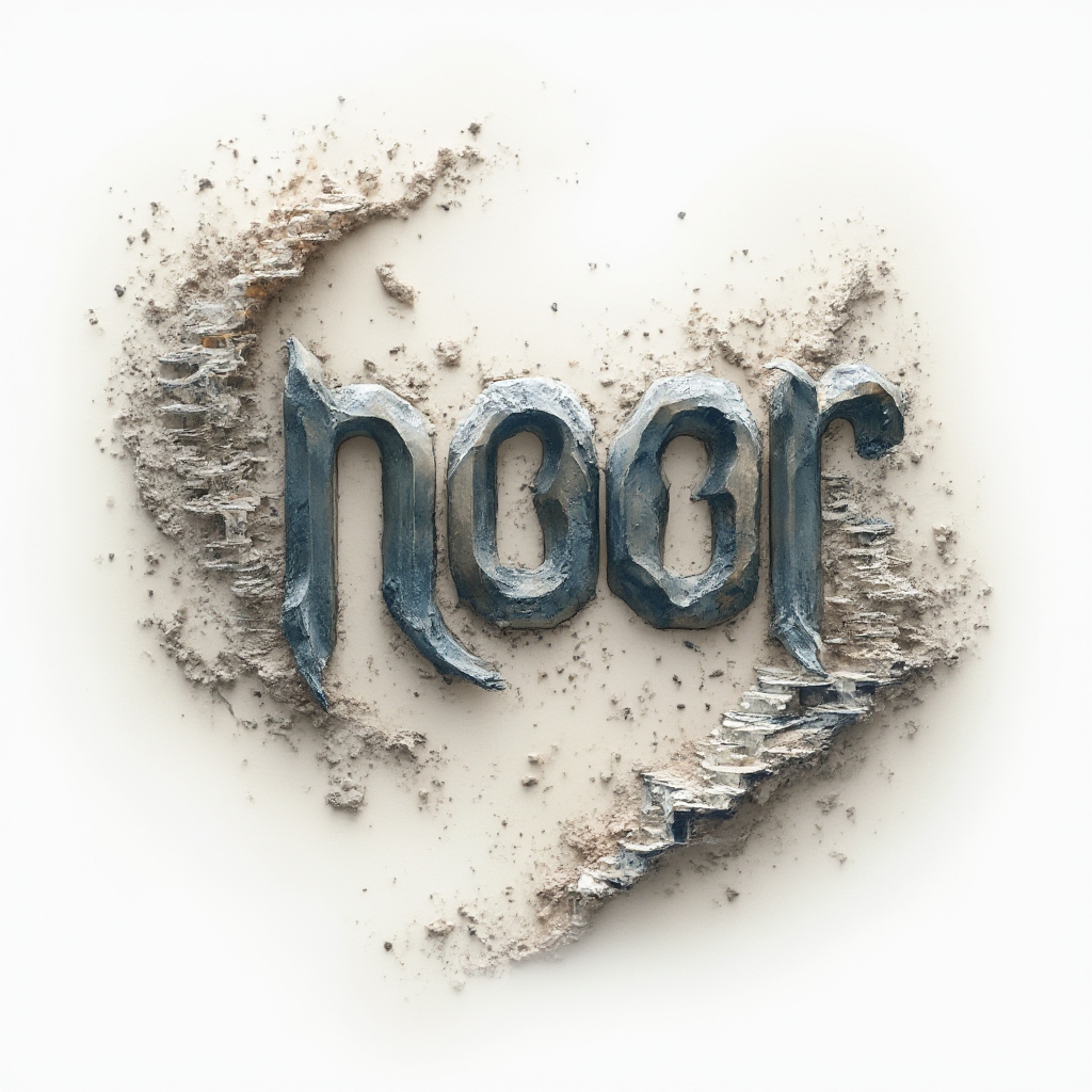 Surreal tattoo concept where the name noor is formed from impossible floating structures and dreamlike shapes on a white background.