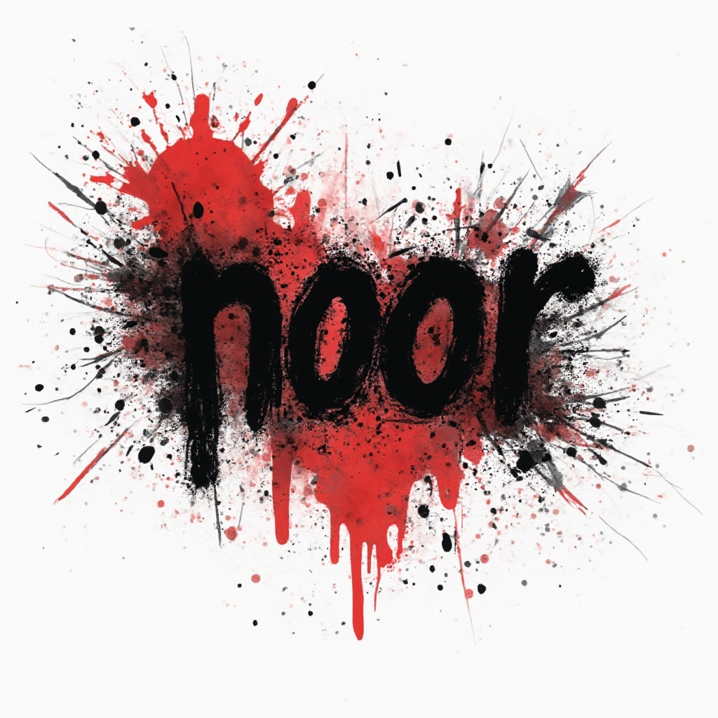 Trash Polka-style tattoo design where the name noor is built into distressed black lettering, red splashes, and chaotic graphic textures on a white background.