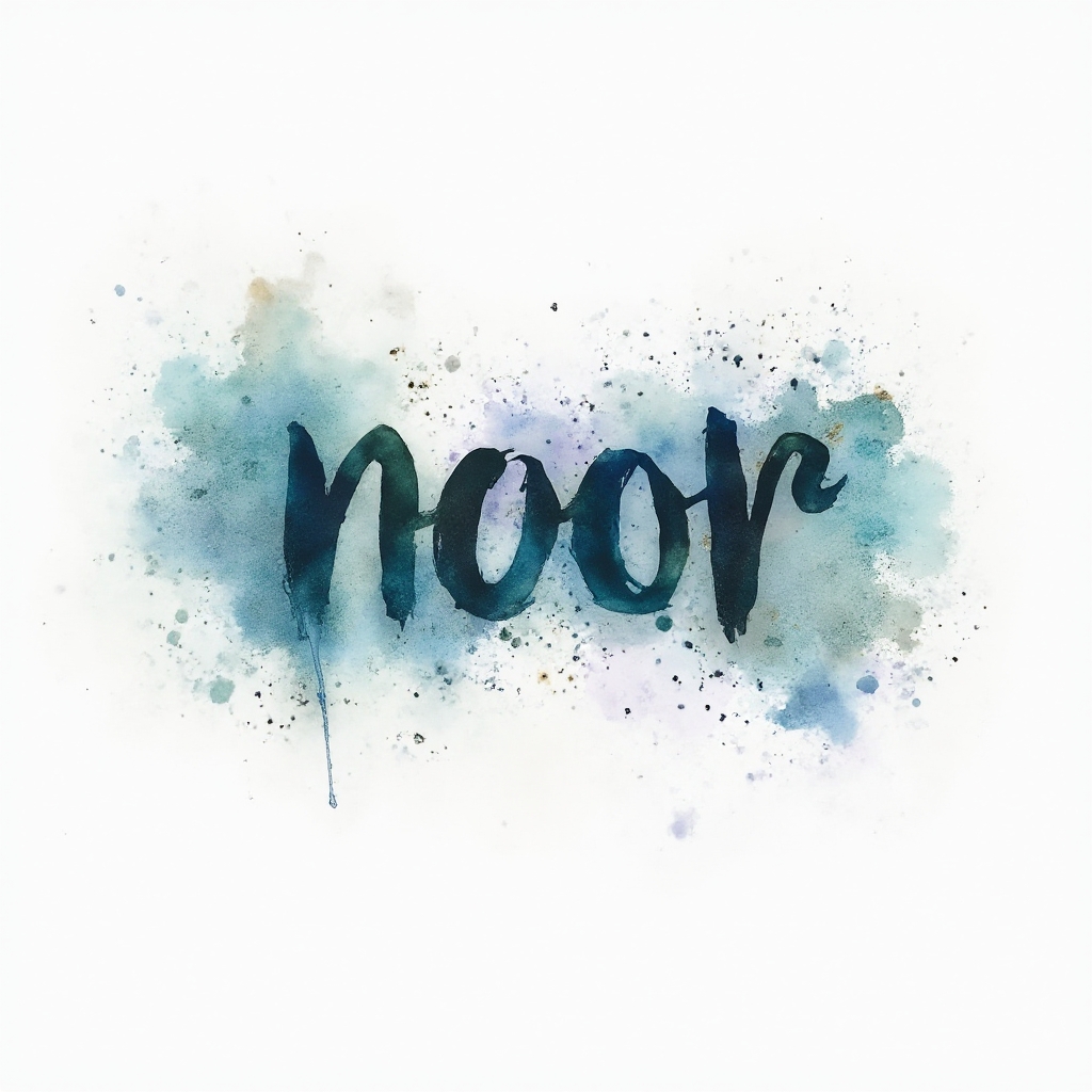 Watercolor-style abstract tattoo design where the name noor is formed by fluid calligraphic strokes dissolving into colorful paint splashes on a white background.