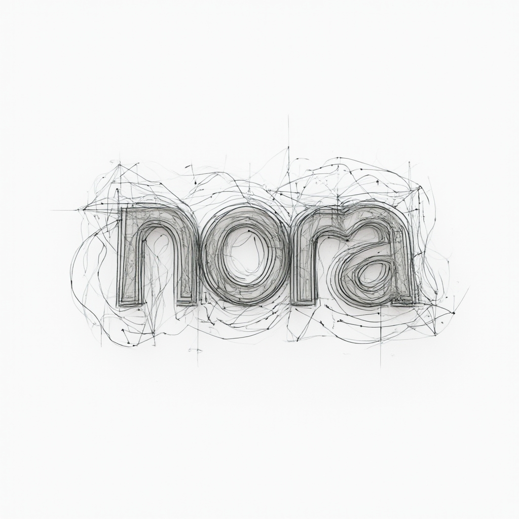 Minimal linear tattoo concept where the name nora is formed from overlapping fine lines and geometric fragments on a white background.
