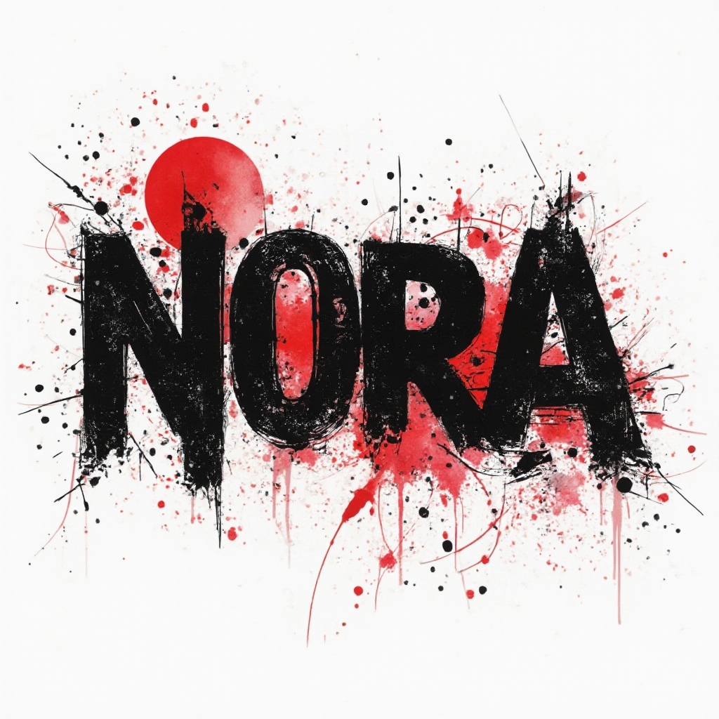 Trash Polka tattoo concept where the name nora appears as distressed black letterforms with red splashes and abstract shapes on a white background.
