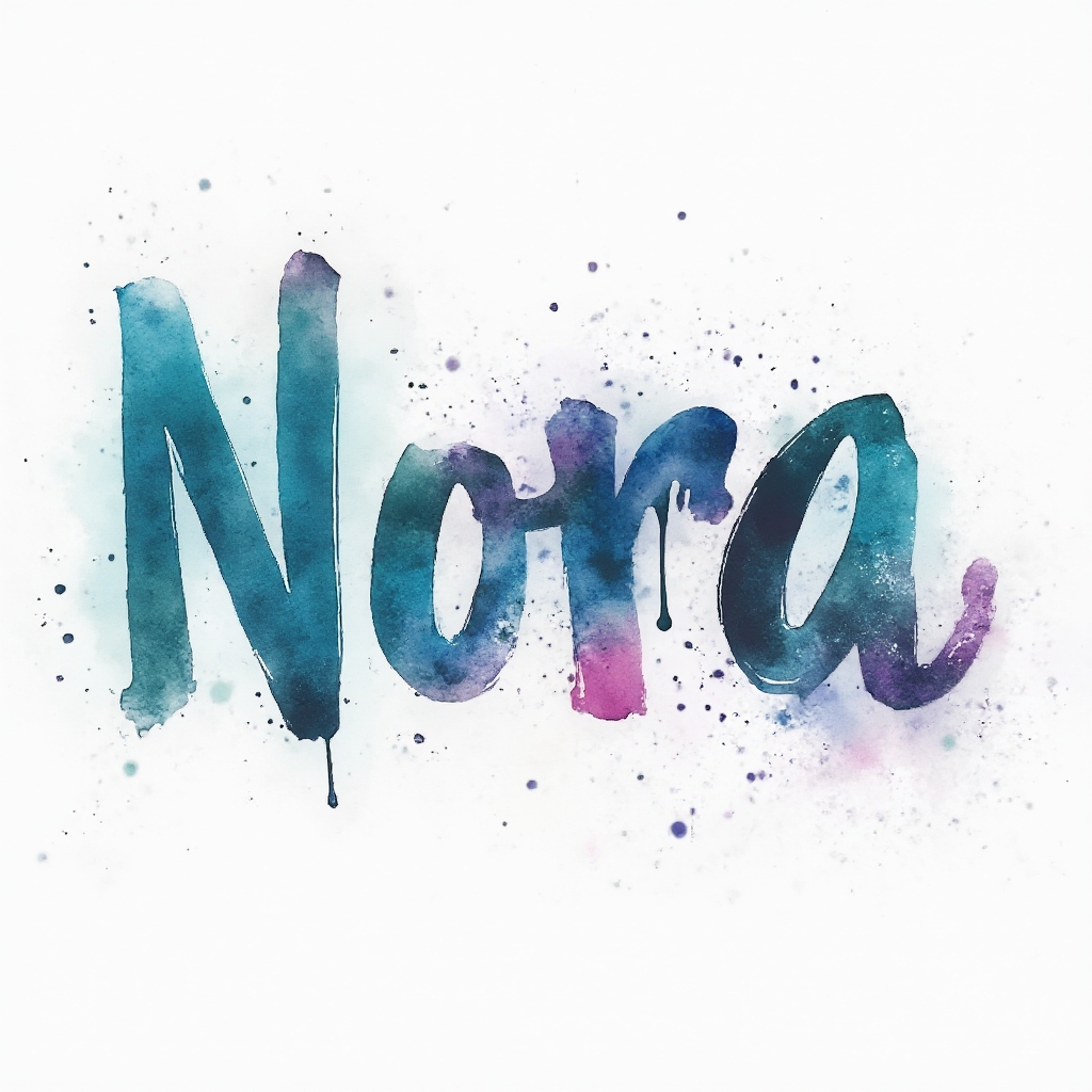 Watercolor tattoo concept where the name nora is formed from colorful ink splashes and brushstrokes on a white background.