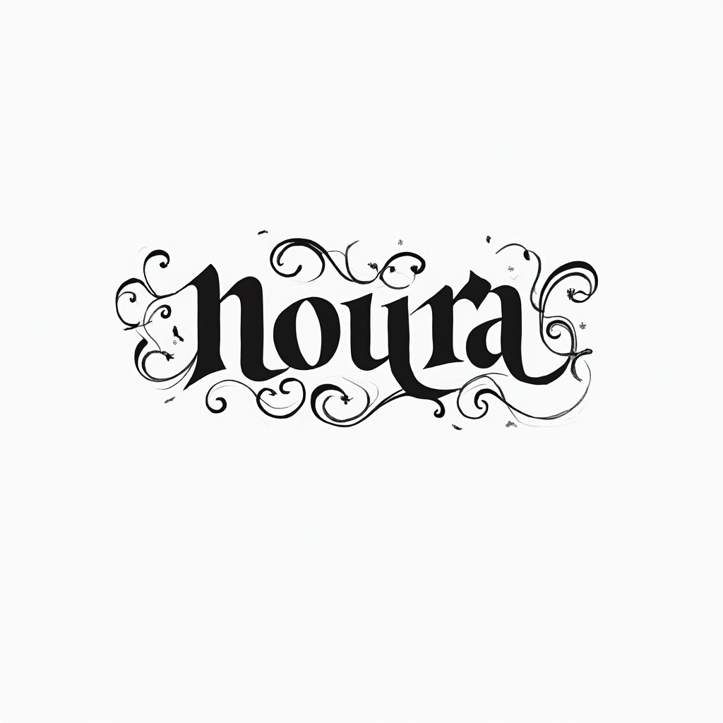 Monochrome flowing black ink tattoo concept of the name noura on a white background.
