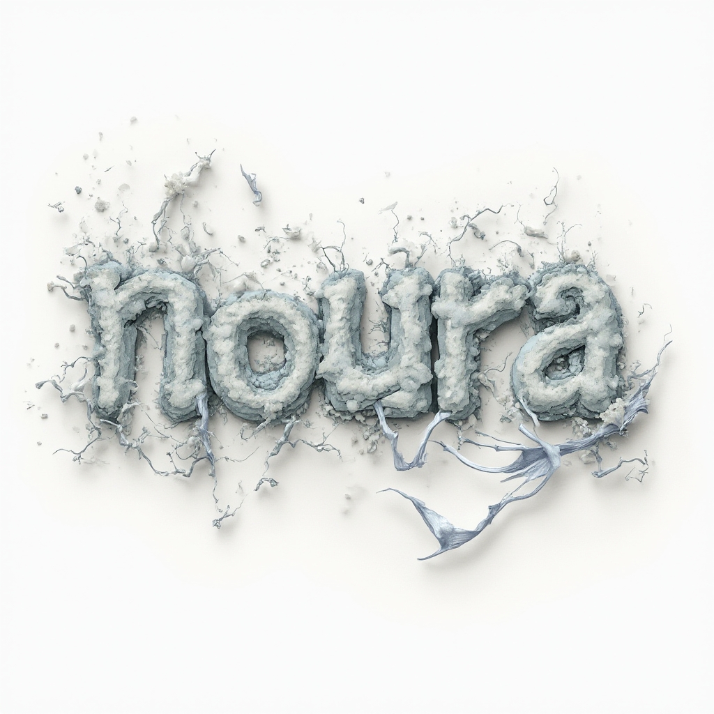Surreal tattoo concept of the name noura formed from dreamlike, morphing letters on a white background.