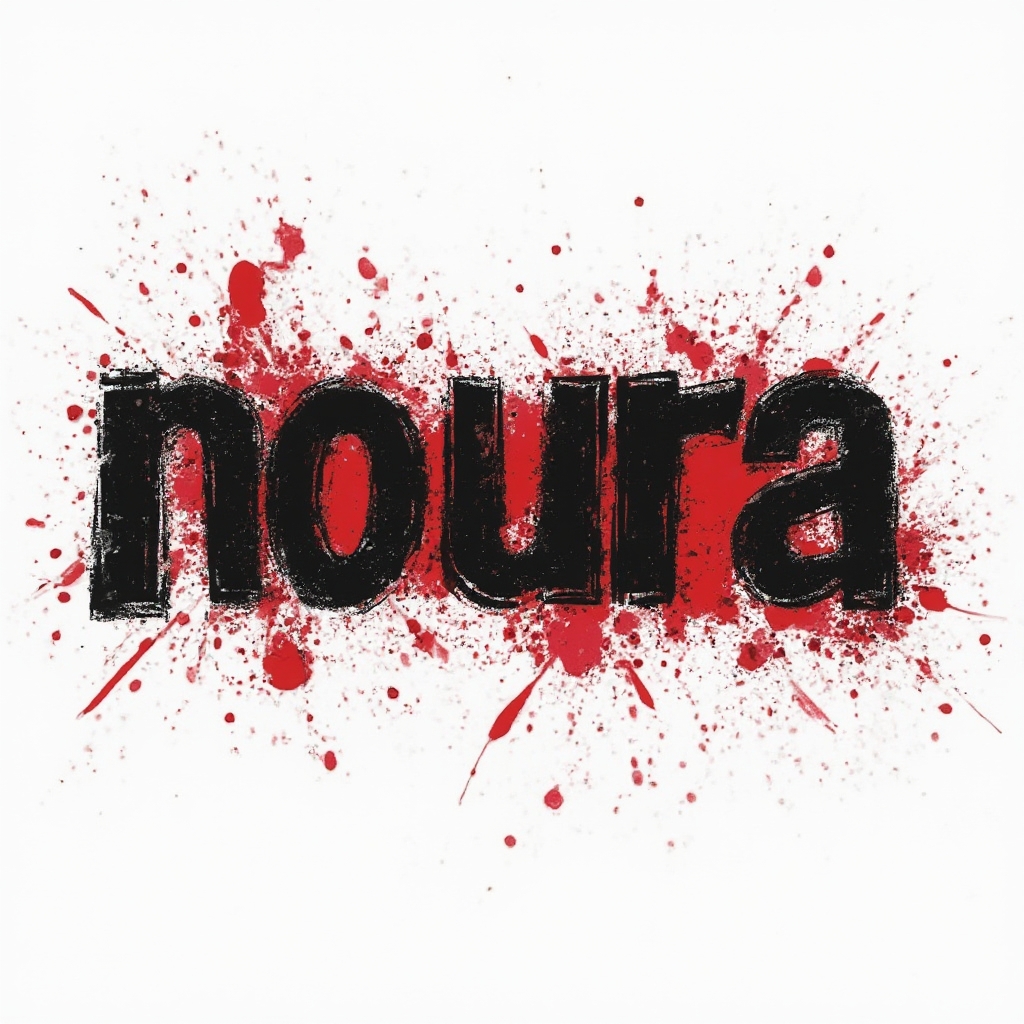 Trash Polka-inspired tattoo design of the name noura with bold black and red distressed lettering on a white background.