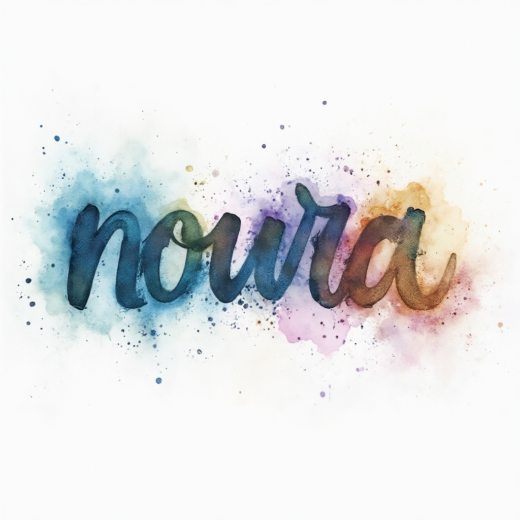 Watercolor tattoo concept of the name noura painted in colorful flowing inks on a white background.
