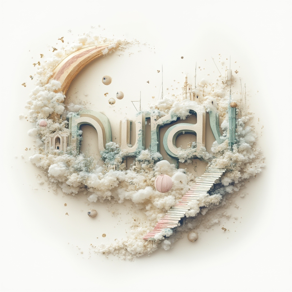 Surreal dreamlike tattoo design of the name nuray with abstract moon and architectural elements on a white background