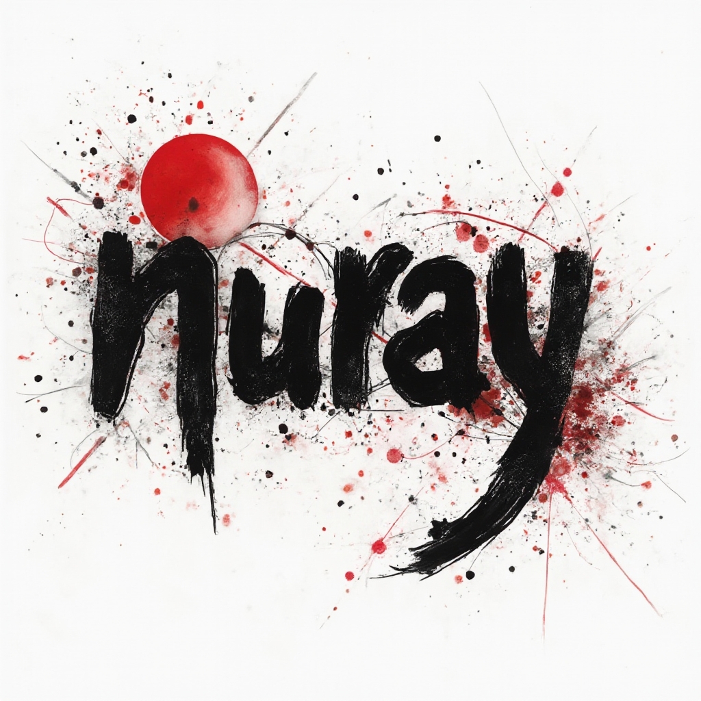 Trash Polka-style tattoo design of the name nuray with bold black script and red ink splashes on a white background