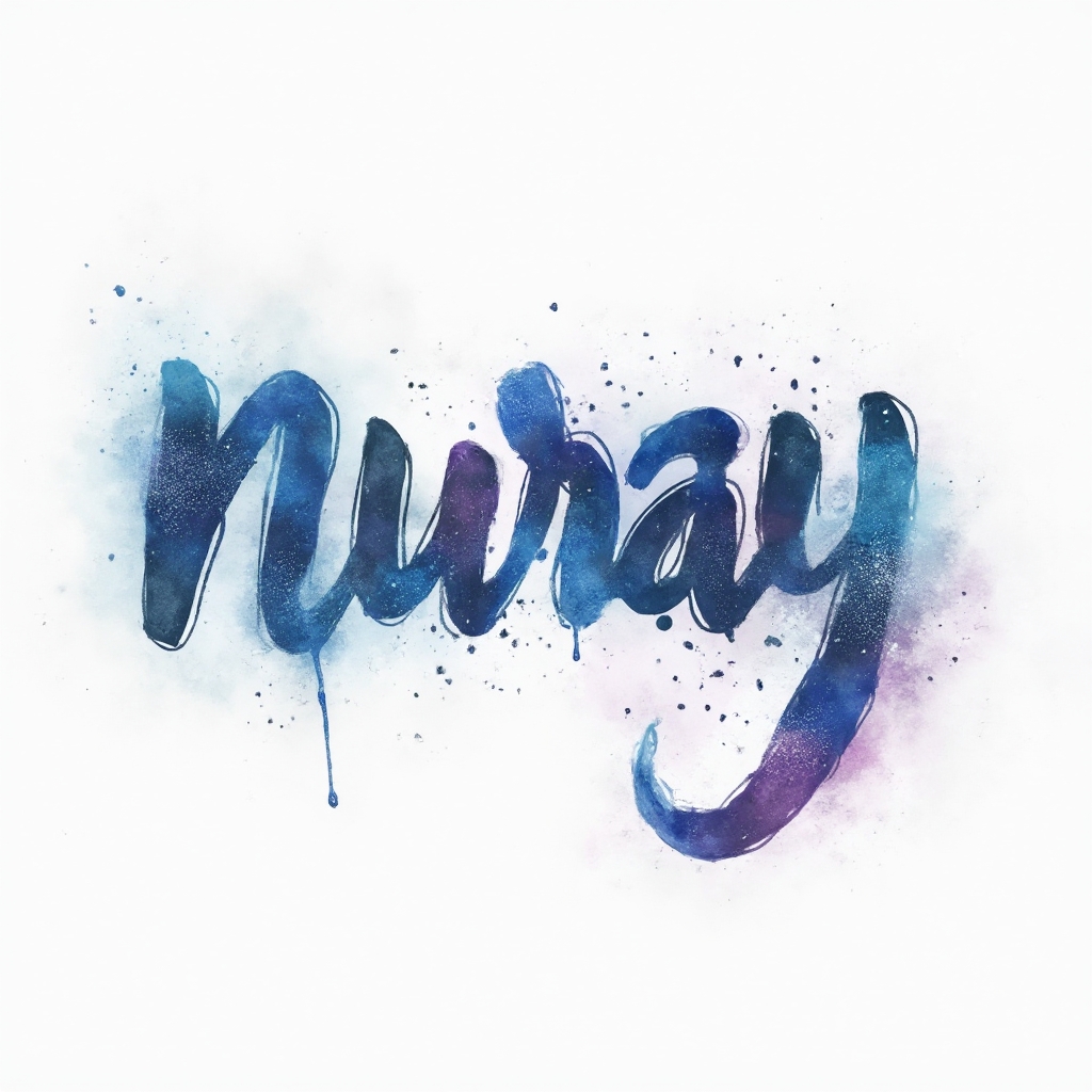 Watercolor galaxy-style calligraphic tattoo design of the name nuray on a white background