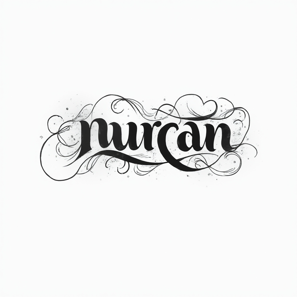 Minimal abstract line tattoo concept where the name nurcan is drawn as one flowing black ribbon on white.