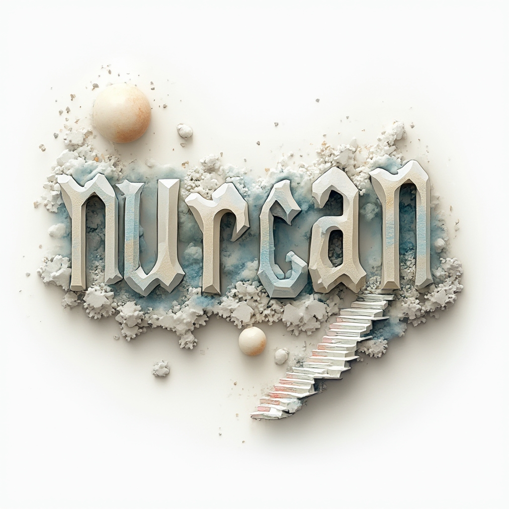 Surreal tattoo concept where the name nurcan becomes impossible 3D letterforms and floating abstract architecture on white.
