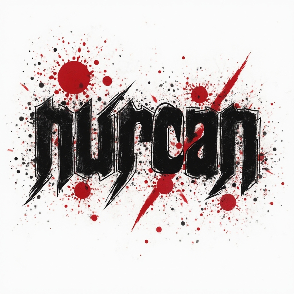 Trash Polka tattoo concept showing the name nurcan in broken black lettering with red graphic accents on white.