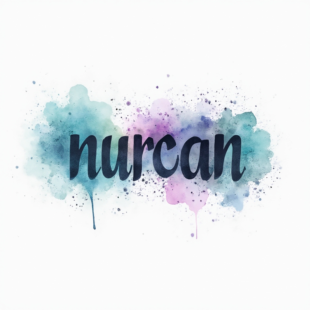 Watercolor abstract tattoo concept where the name nurcan is formed by flowing, colorful ink on a white background.