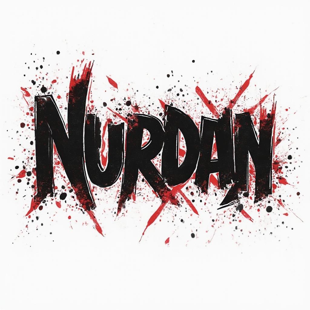 Bold black and red Trash Polka-style lettering of the name nurdan with splatters on a white background.
