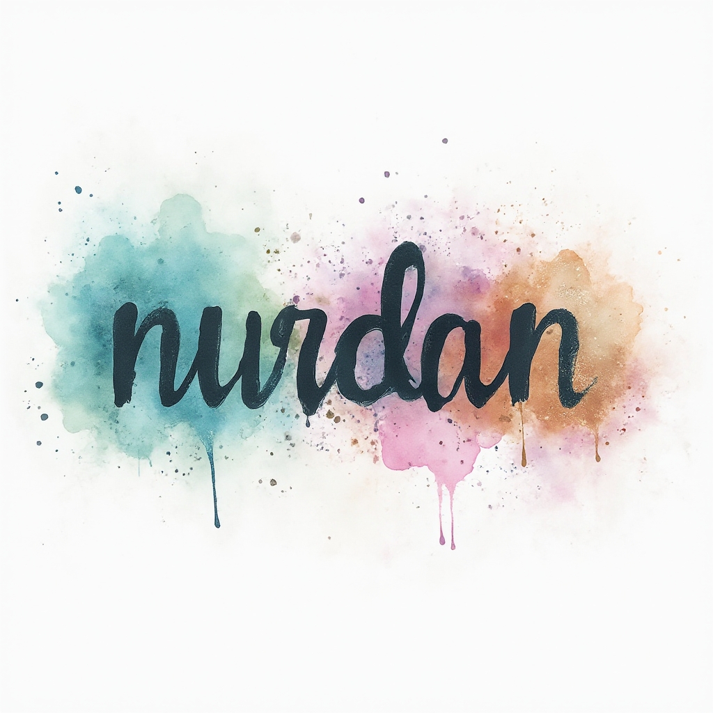 Watercolor-style artistic lettering of the name nurdan with colorful splashes on a white background.