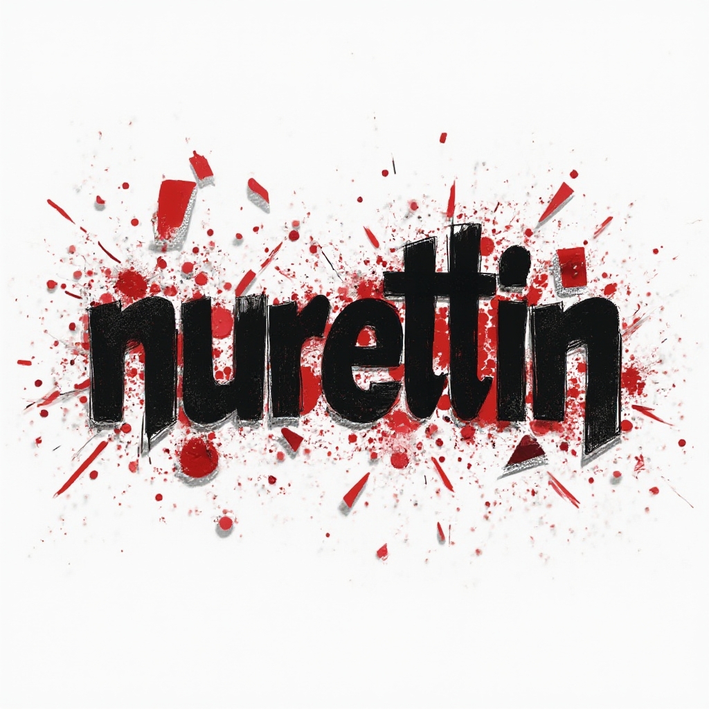 Trash Polka tattoo concept of the name nurettin with bold black brush lettering, red splashes, and geometric fragments on white.