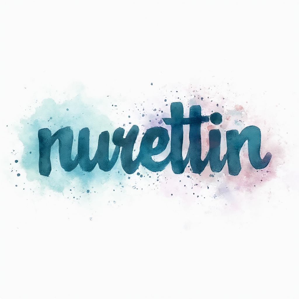 Watercolor tattoo concept of the name nurettin in flowing multicolor brushstroke lettering on a white background.