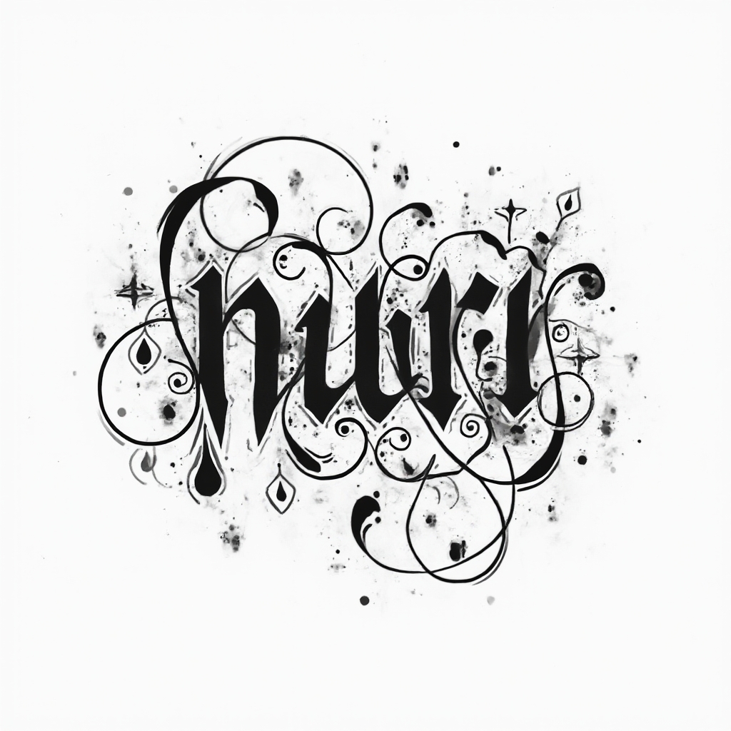 Abstract ornamental tattoo concept where the name nuri is hidden in flowing black curves on white.