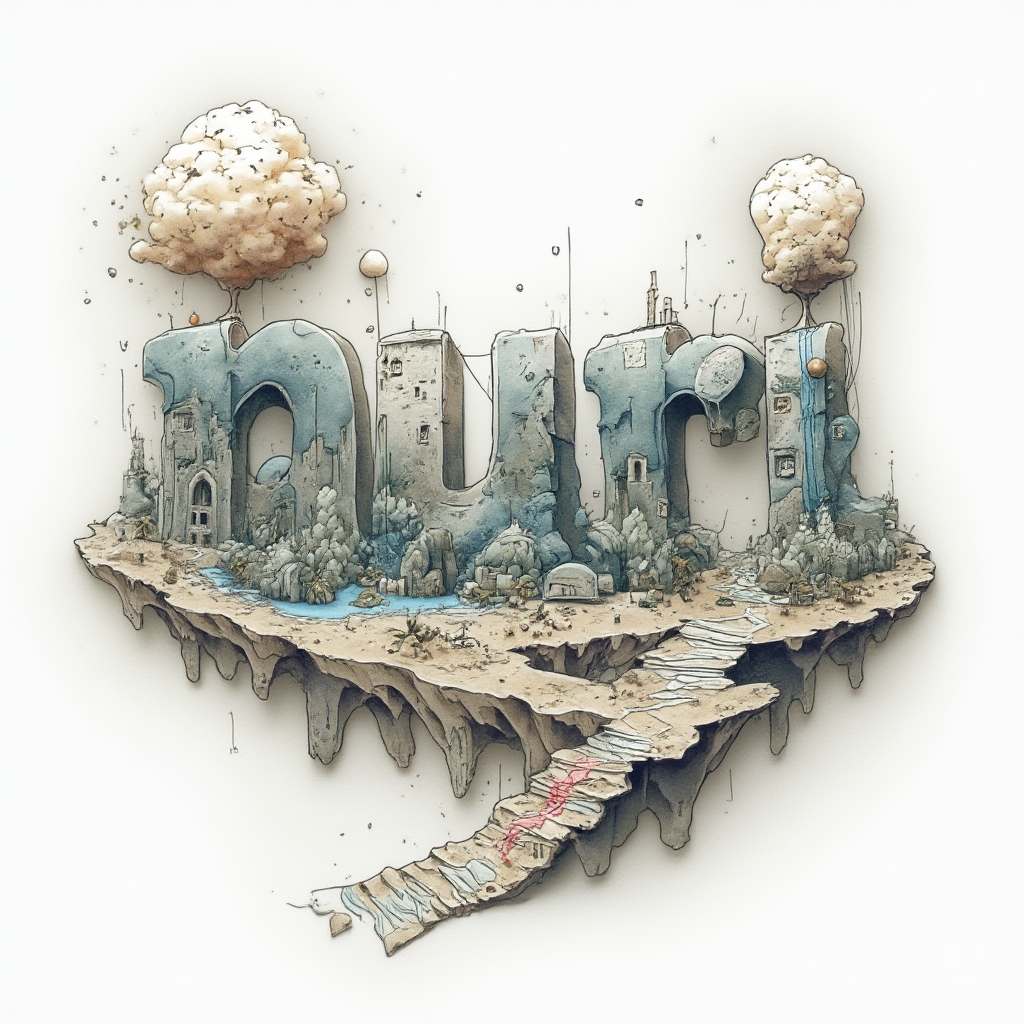 Surrealist tattoo concept where the name nuri is formed from dreamlike floating structures on a white background.