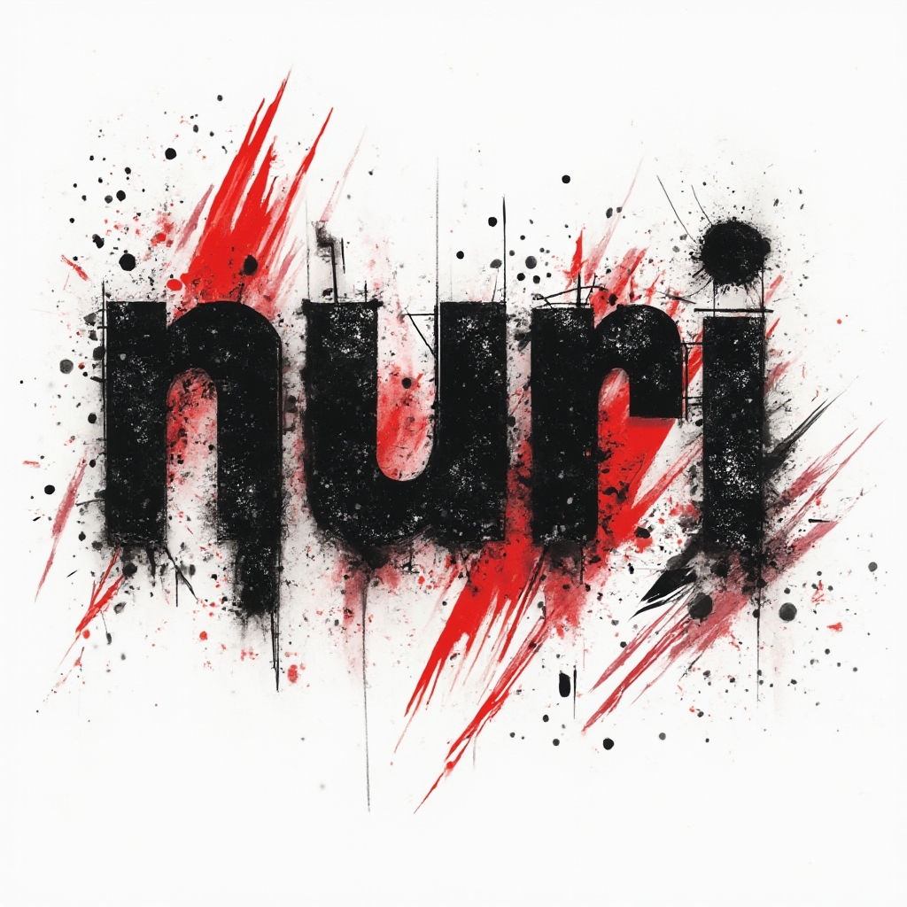 Trash Polka tattoo concept where the name nuri is built from bold black and red graphic fragments on white.