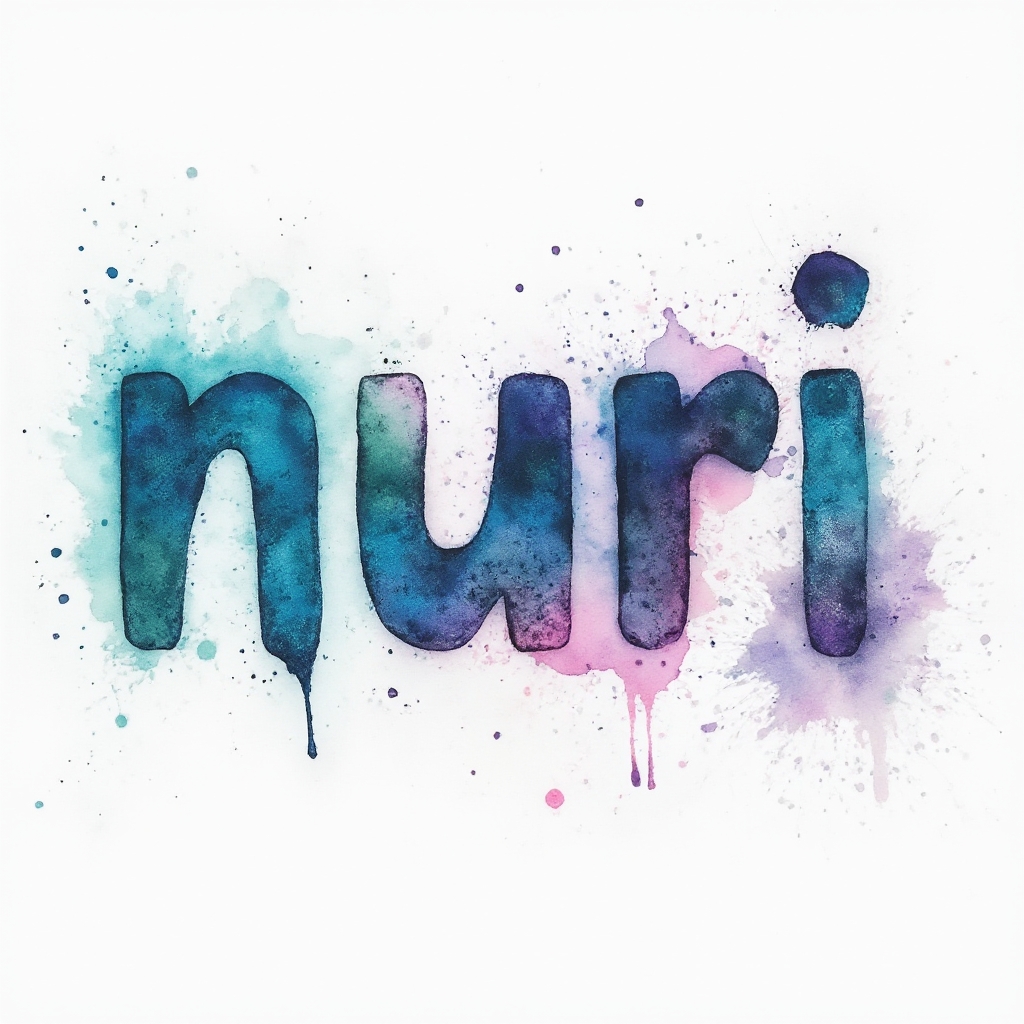 Watercolor tattoo concept where the name nuri is formed from colorful fluid brushstrokes on a white background.