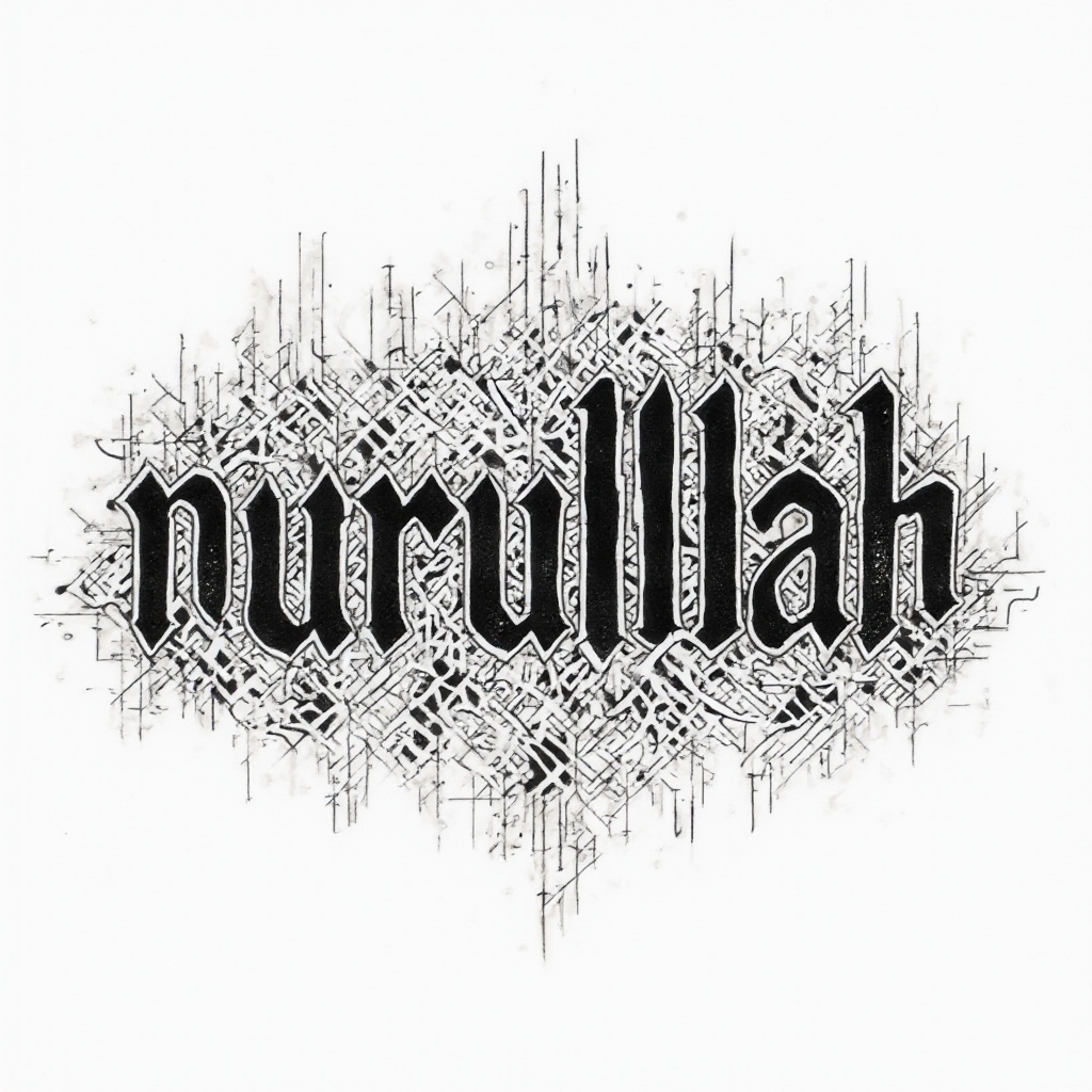 Abstract ornamental tattoo concept where the name nurullah is hidden inside intricate black patterns on a white background