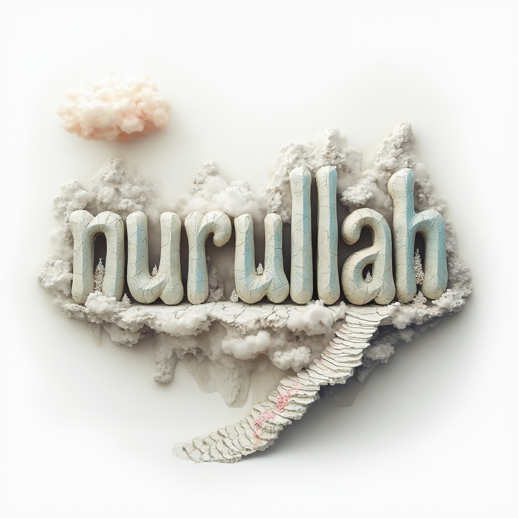 Surreal tattoo concept where the name nurullah transforms into floating dreamlike structures on a white background
