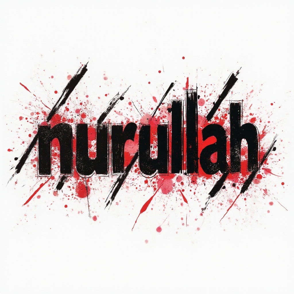 Trash Polka style tattoo concept where the name nurullah is built from bold black letters and red splashes on a white background