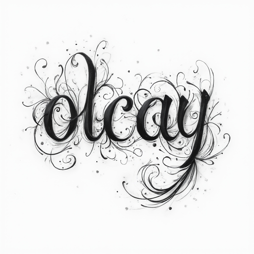 Ornamental black ink tattoo concept forming the name olcay with flowing flourishes on a white background.