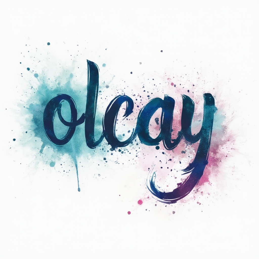 Watercolor splash tattoo concept forming the name olcay with colorful brushstroke lettering on a white background.