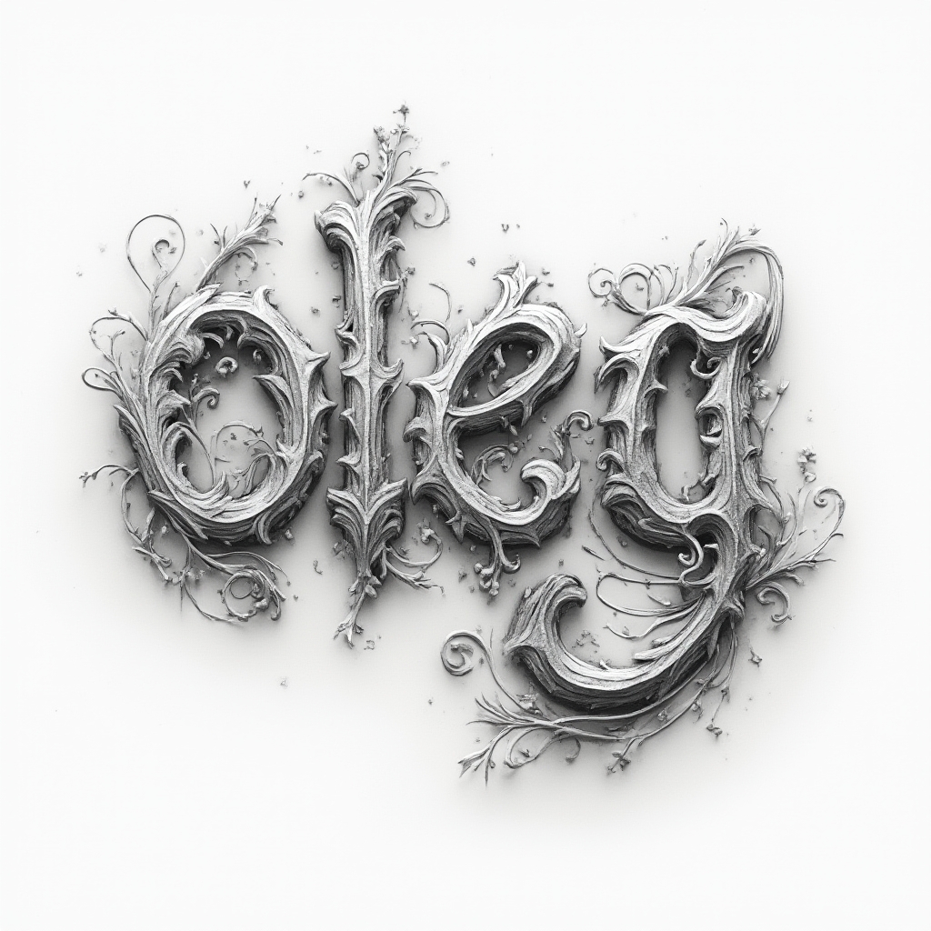 Ornamental 3D sculpted ink tattoo concept with the name oleg formed by detailed decorative lettering on a white background.