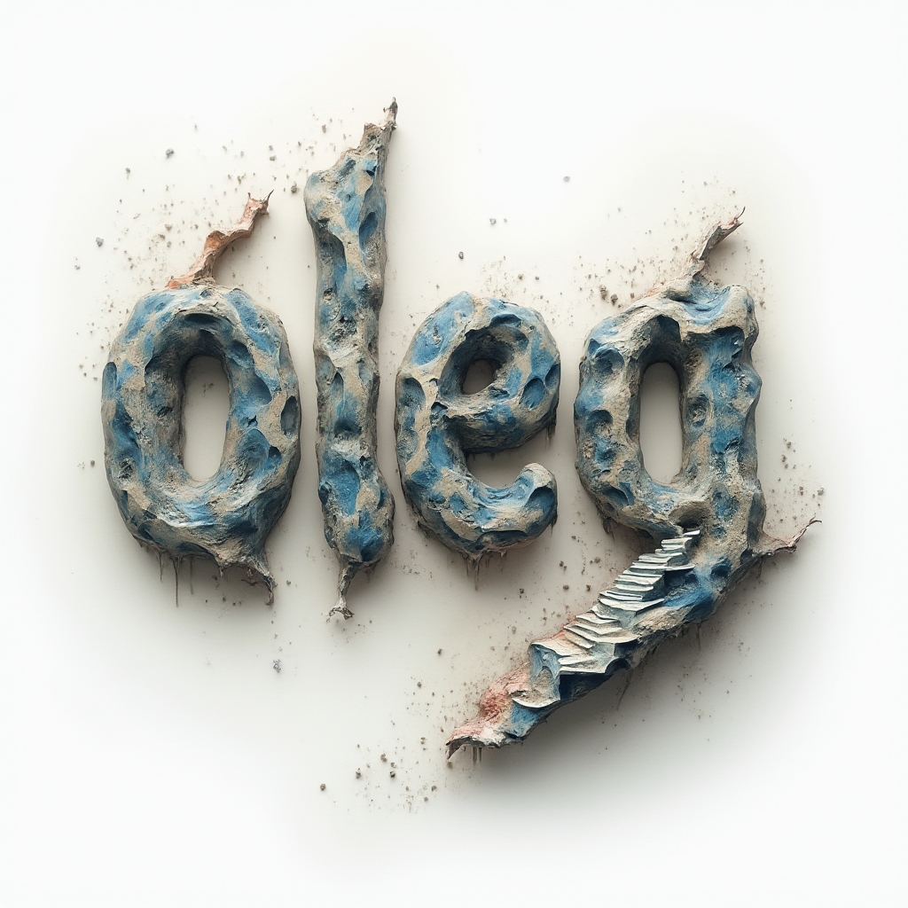 Surreal tattoo design where the name oleg is formed by melting architectural shapes on a white background.