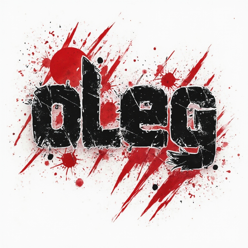 Trash Polka tattoo concept with the name oleg fragmented into bold black and red abstract lettering on a white background.