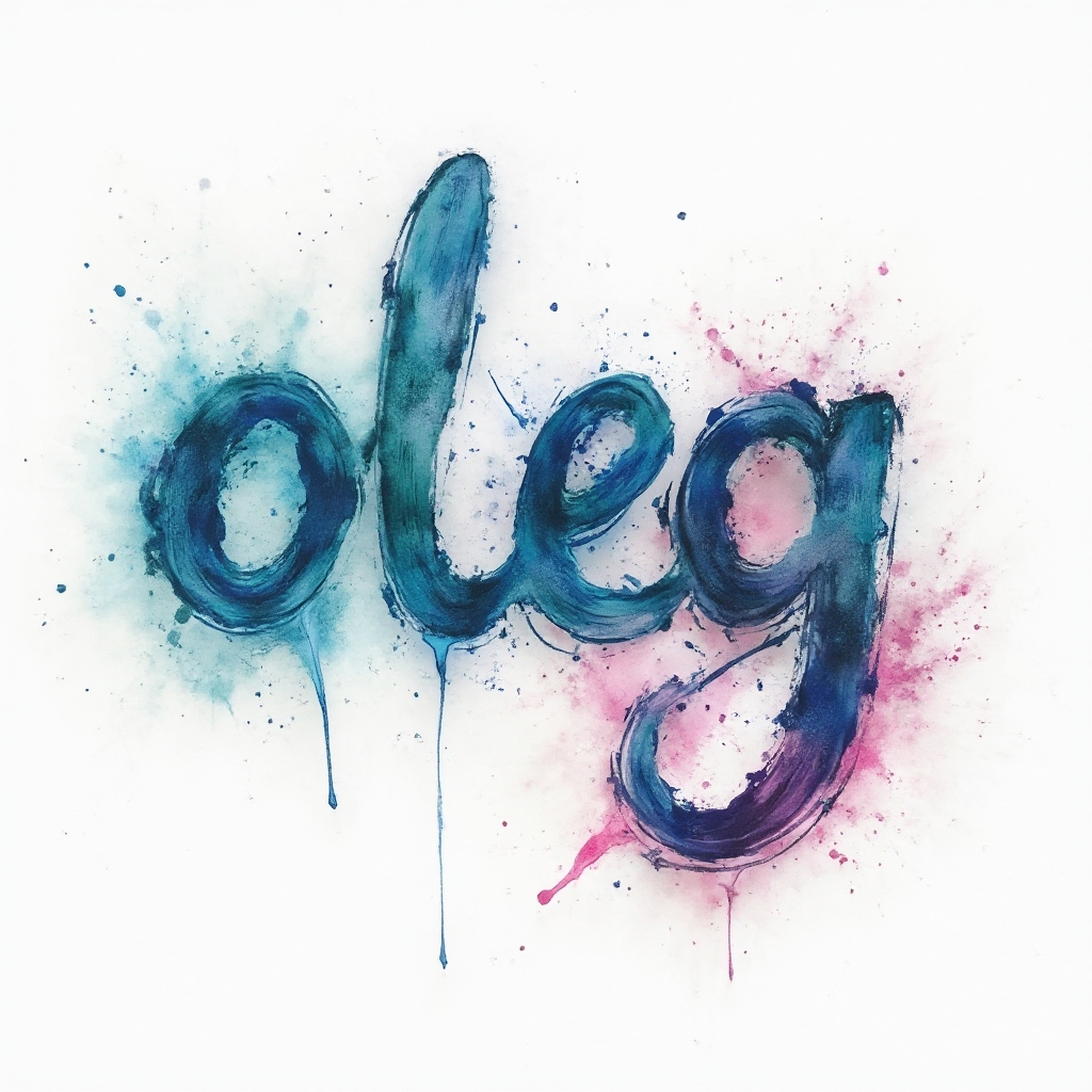 Watercolor tattoo concept with the name oleg formed by flowing blended brushstrokes on a white background.
