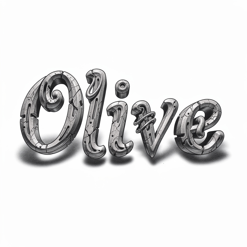Surrealism tattoo design of the name Olive in warped, melting letters on a white background.