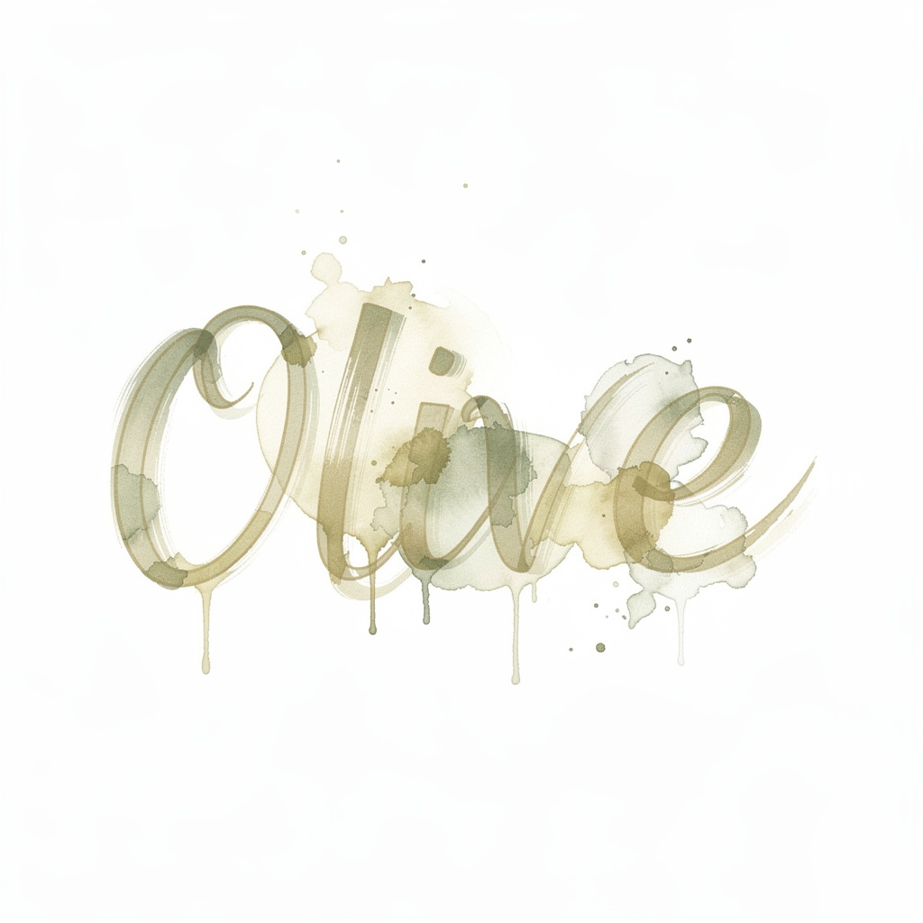 Watercolor tattoo design featuring the name Olive in flowing brushstroke lettering on a white background.